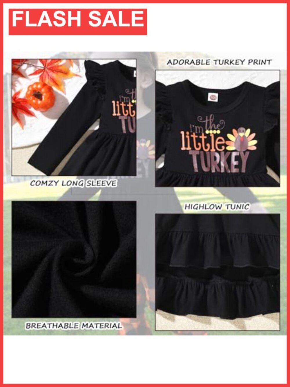 Toddler Girls Thanksgiving Outfit Set Ruffle Tunic Bell Bottom Pants - Picture 3 of 6